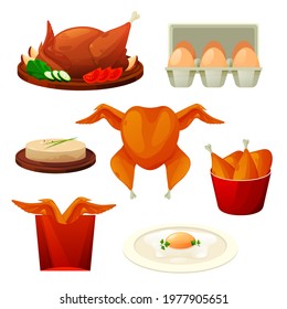 Chicken dishes and poultry grill. Vector flat icons of fried meat and hen eggs, scrambled eggs, poultry pate and roasted turkey. Fast food grill legs and roast wings. Farm food production.