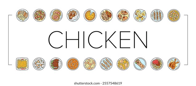 chicken dishes roast grilled icons set vector. fried baked, barbecue teriyaki, curry, casserole parmesan, piccata marsala, tandoori chicken dishes roast grilled color line illustrations