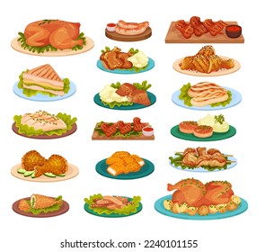 Chicken dishes set. Fried meat, steaks, meatballs and sausages from chicken meat cartoon vector illustration