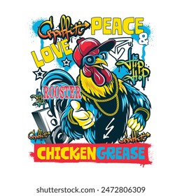 Chicken donning a flashy gold chain with Love, Peace, Chicken Grease. Surrounded by boomboxes, mics, and graffiti captures hiphop playful, urban vibe with humor, inviting everyone to the fun.