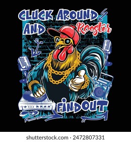 Chicken donning a flashy gold chain with Love, Peace, Chicken Grease. Surrounded by boomboxes, mics, and graffiti captures hiphop playful, urban vibe with humor, inviting everyone to the fun.