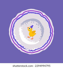 Chicken drawn on a plate, vector illustration