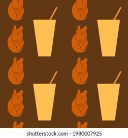 Huhn und Getränk auf braunem Hintergrund, Design-Struktur, nahtloses Muster, Vektorgrafik