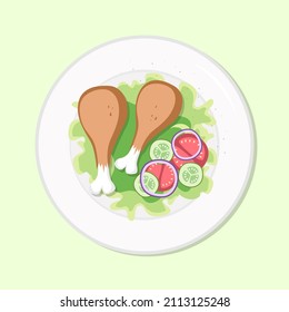 Tambores de pollo con una comida saludable para ensaladas en plato. Ilustración vectorial. Sencilla imagen de nutrición de stock plano. Patas de pato en comida saludable en mesa