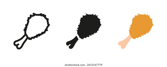 Chicken drumstick icon. Crispy fried leg piece vector illustration. Tasty meat snack with crunchy coating. Fast food and protein-rich meal symbol. Savory poultry cuisine pictogram.