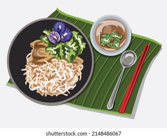 Chicken drumstick noodles vector illustration with broth placed on banana leaves gray background.