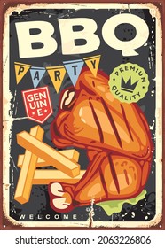 Chicken drumstick on barbecue with french fries and green lettuce retro tin sign graphic. BBQ party vintage ad invitation. Vector food poster.