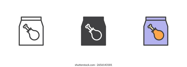 Hühnertrommelstock in Paket Symbol in Linie gesetzt, solide und gefüllte Umrisse bunten Stil. Vektorsymbol und Symbol für Fastfood, Lebensmittel und Mahlzeiten zum Mitnehmen.