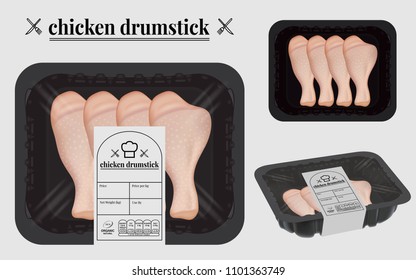 Chicken drumstick packaging on the container. Ready to apply to your design. Vector illustration.