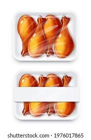 Chicken drumstick in plastic disposable packing. Mock-up design, Isolated on white background. Eps10 vector illustration.
