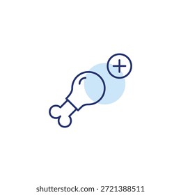 Chicken drumstick and plus symbol. Protein boost, menu and groceries expansion. Pixel perfect, editable stroke vector icon