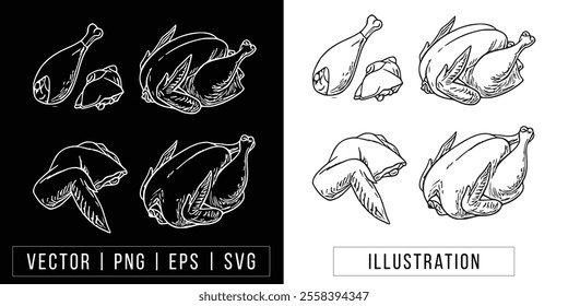 Chicken Drumstick and Whole Chicken Outline Vector Illustration - Food Clipart