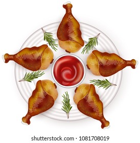 Chicken drumsticks and ketchup bottle Vector realistic. Fresh organic meat 3d illustration layout banners