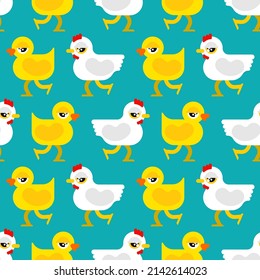 Chicken and duck pattern seamless. farm bird background.