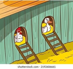 chicken and duck vector illustration in the henhouse