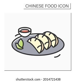 Chicken dumplings color icon. Chinese meat stuffed streamed, boiled or deep fried dough buns plate with sauce. Concept of tasty Asian home cooking recipes.Isolated vector illustration