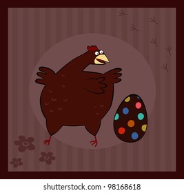 Chicken and Easter Egg on brown background. Vector illustration.