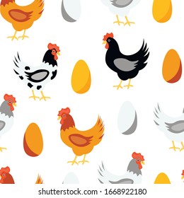 Chicken, easter , eggs, fashion vector seamless pattern on white background.  