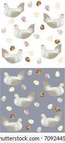 Chicken with easter eggs. Seamless background.