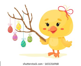 Chicken with Easter willow twig and eggs. Vector isolate in cartoon flat style. Happy easter.