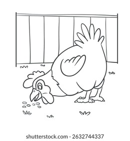 chicken eating seeds in a farmyard vector illustration. Outline. Drawing