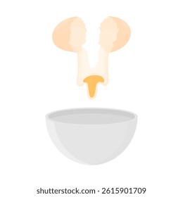 Chicken egg is broken into an iron cup in cartoon style on a white background isolated. Concept of cooking dishes and desserts with the addition of eggs.
