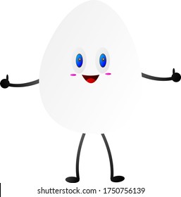 Chicken egg cartoon character holding thumbs up gesture of approval and laughing object on white background food concept.