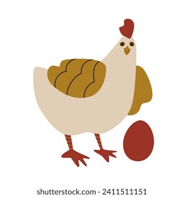Chicken and egg. The cute laying hen. Farm. A red shell. Vector illustration, isolated objects on white background.  