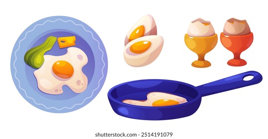 Pratos de ovos de galinha colocados isolados sobre fundo branco. Ilustração de desenho animado vetorial de ovos fritos e cozidos na frigideira, prato com abacate e queijo, cortados ao meio com gema amarela, nutrição saudável