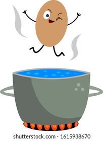 chicken egg falls into a pot of boiling water concept food and cooking objects on a white background