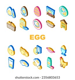 chicken egg farm brown icons set vector. hen organic, poultry food, easter chick, basket nest, isolated, product cooking chicken egg farm brown isometric sign illustrations