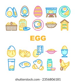 chicken egg farm brown icons set vector. hen organic, poultry food, easter chick, basket nest, isolated, product cooking chicken egg farm brown color line illustrations