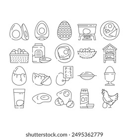 chicken egg farm brown icons set vector. hen organic, poultry food, easter chick, basket nest, isolated, product cooking chicken egg farm brown black contour illustrations