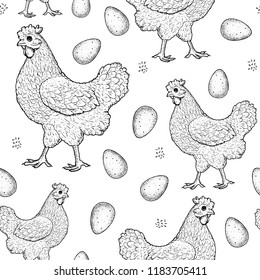 Chicken and egg hand drawn, vector illustration. Seamless pattern. Vintage chicken sketch. Design element. Chicken farm background.
