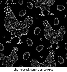 Chicken and egg hand drawn, vector illustration. Seamless pattern. Vintage chicken sketch. Design element. Chicken farm background.