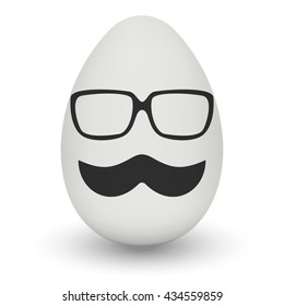 Chicken Egg hipster nerd glasses and stylish mustache with shadow isolated on white background. Natural ecological product. Healthy food. Dietary product. Easter symbol. Vector illustration