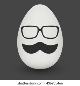 Chicken Egg hipster nerd glasses and stylish mustache with shadow on solid black background. Natural ecological product. Healthy food. Dietary product. Easter symbol. Vector illustration