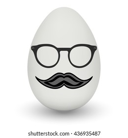 Chicken Egg hipster nerd glasses and stylish mustache with shadow isolated on white background. Natural ecological product. Healthy food. Dietary product. Easter symbol. Vector illustration
