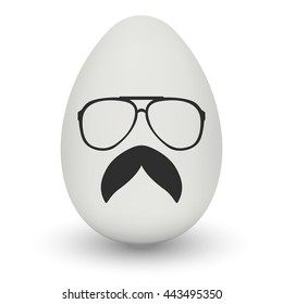 Chicken Egg hipster nerd glasses and stylish mustache with shadow isolated on white background. Natural ecological product. Healthy food. Dietary product. Easter symbol. Vector illustration