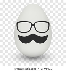 Chicken Egg hipster nerd glasses and stylish mustache with shadow on transparent background. Natural ecological product. Healthy food. Dietary product. Easter symbol. Vector illustration
