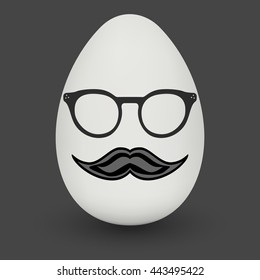 Chicken Egg hipster nerd glasses and stylish mustache with shadow on solid black background. Natural ecological product. Healthy food. Dietary product. Easter symbol. Vector illustration