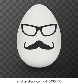 Chicken Egg hipster nerd glasses and stylish mustache with shadow on black transparent background. Natural ecological product. Healthy food. Dietary product. Easter symbol. Vector illustration