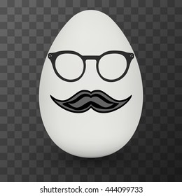 Chicken Egg hipster nerd glasses and stylish mustache with shadow on black transparent background. Natural ecological product. Healthy food. Dietary product. Easter symbol. Vector illustration