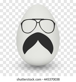 Chicken Egg hipster nerd glasses and stylish mustache with shadow on transparent background. Natural ecological product. Healthy food. Dietary product. Easter symbol. Vector illustration