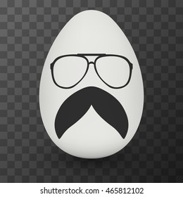 Chicken Egg hipster nerd glasses and stylish mustache with shadow on black transparent background. Natural ecological product. Healthy food. Dietary product. Easter symbol. Vector illustration