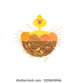 Chicken and egg icon isolated on white. Cute comic cartoon style. Baby hen, colorful eggs in straw nest. Simple minimalism sign. Fancy small yellow bird animal. Decorative element. Vector illustration