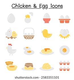 Chicken and Egg icon set  in flat color style