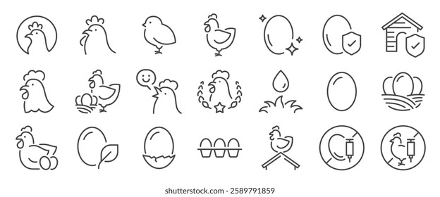 Chicken and egg icon set. It includes farm, agriculture, grass fed, organic, and more icons. Editable Vector Stroke.