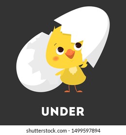 Chicken and egg. Learning preposition with bird concept. Animal under the egg. Isolated vector educational illustration in cartoon style