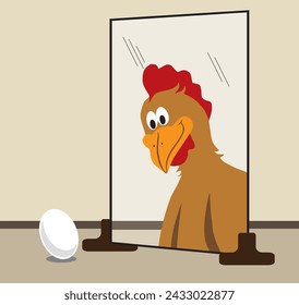 A chicken egg is looking into a mirror that can tell the future